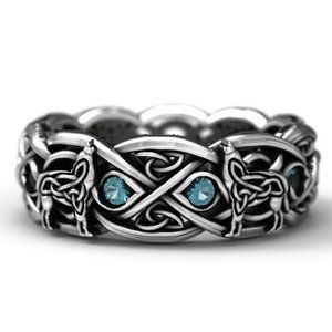 925 Sterling Silver Celtic Wolf Ring with Topaz
